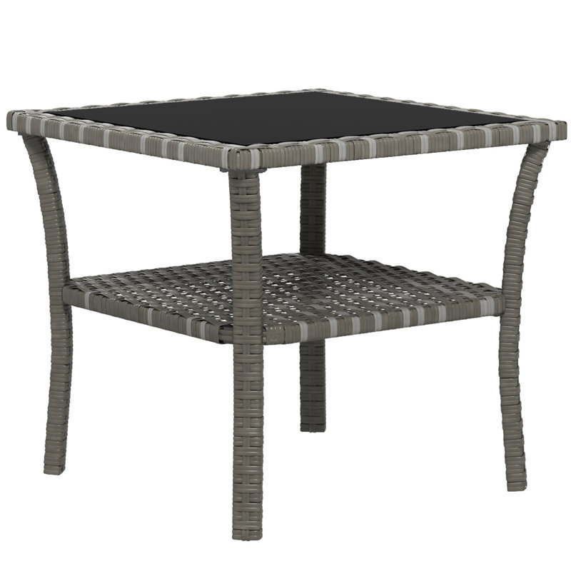 Outsunny Rattan Side Table With Storage Shelf, Aluminum Frame, Tempered Glass Top For Outdoor Use And Durability, Gray