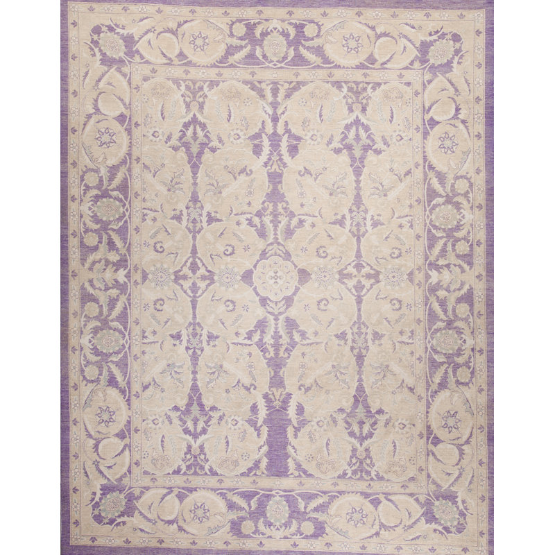 Tapis unique en laine noué à la main mauve / brun clair de 8 pi x 10 pi