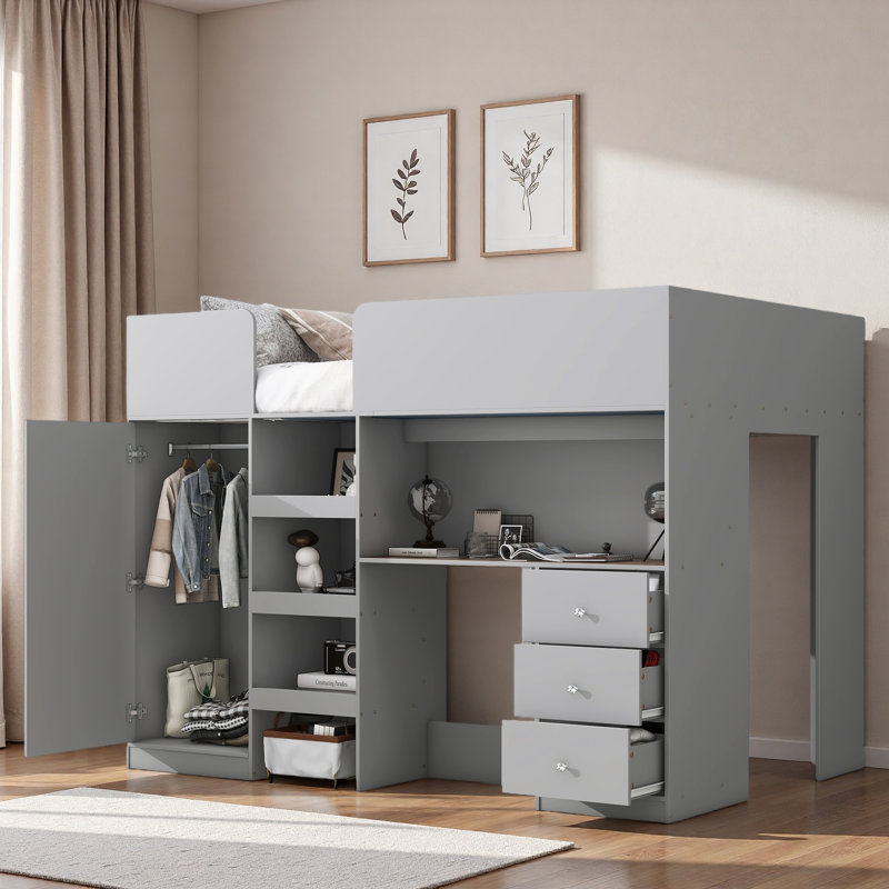 Lit mezzanine avec garde-robe intégré, bureau, tablettes de rangement et tiroirs, Gris