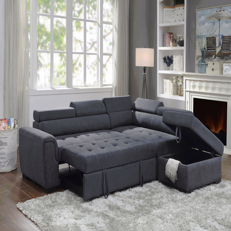 Haris 97" Dark Gray Fabric Sleeper Sofa Sectional With Adjustable Headrest And Storage Ottoman