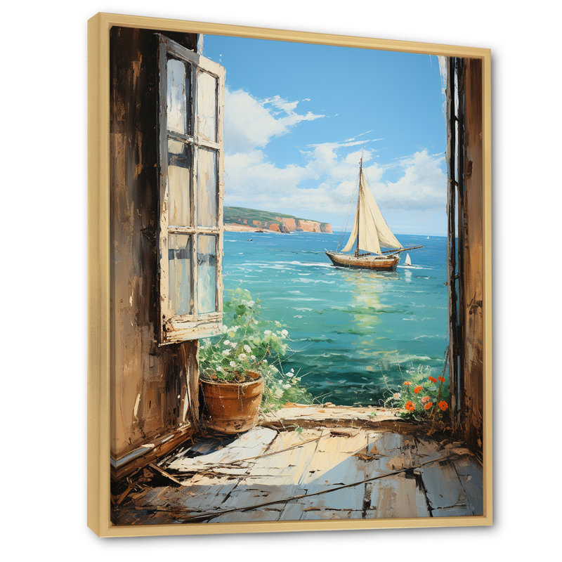 Voilier de bateau, vue sur l'océan II - fenêtres côtières, art mural, Cadre flottant brun, H 40 po x l 30 po x P 1,5 po