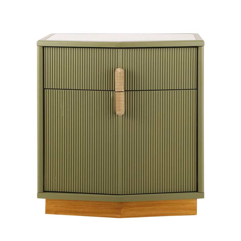 Poole Modern Textured Nightstand With Geometric Top And Dual Storage Drawers, Olive Green