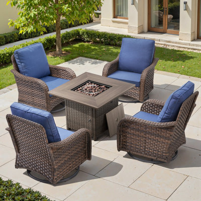 Gustave 5-Piece Outdoor Wicker Fire Pit Set With 4 Swivel Glider Chairs & 30" Propane Gas Fire Table With Olefin Cushions