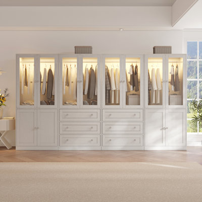 Wardrobe Closet Set Of 4, Armoire Wardrobe With 3 Drawers And Light & Clear Glass Door Modern Armoire With Shelf And Hanging Rod