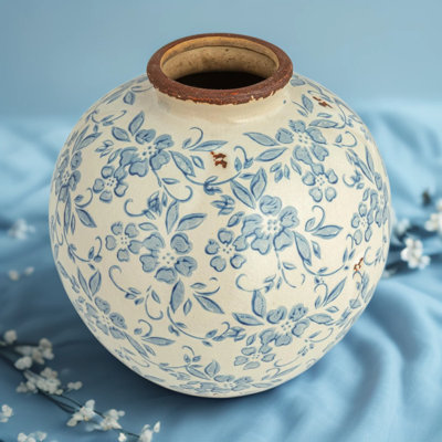 Vase en terre cuite à transfert floral avec finition craquelée, 8 pouces de haut, décor de ferme rétro bleu et blanc