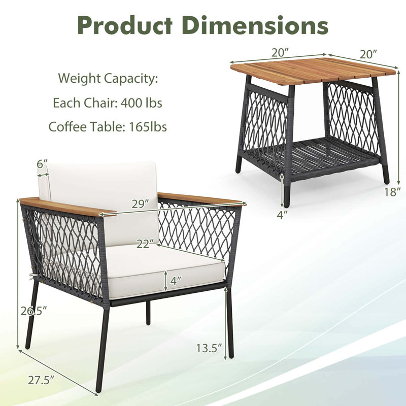  Set of 3 Furniture Set w/ 2-Tier Coffee Table Acacia Wood Armrests Tabletop Patio