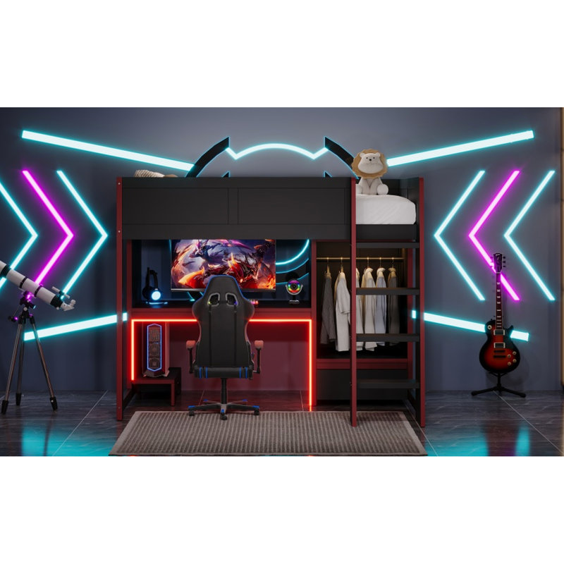 Lit mezzanine simple en bois noir avec bureau intégré, garde-robe, lumières à DEL et tiroir de rangement - E-Sports Aesthetic Decor