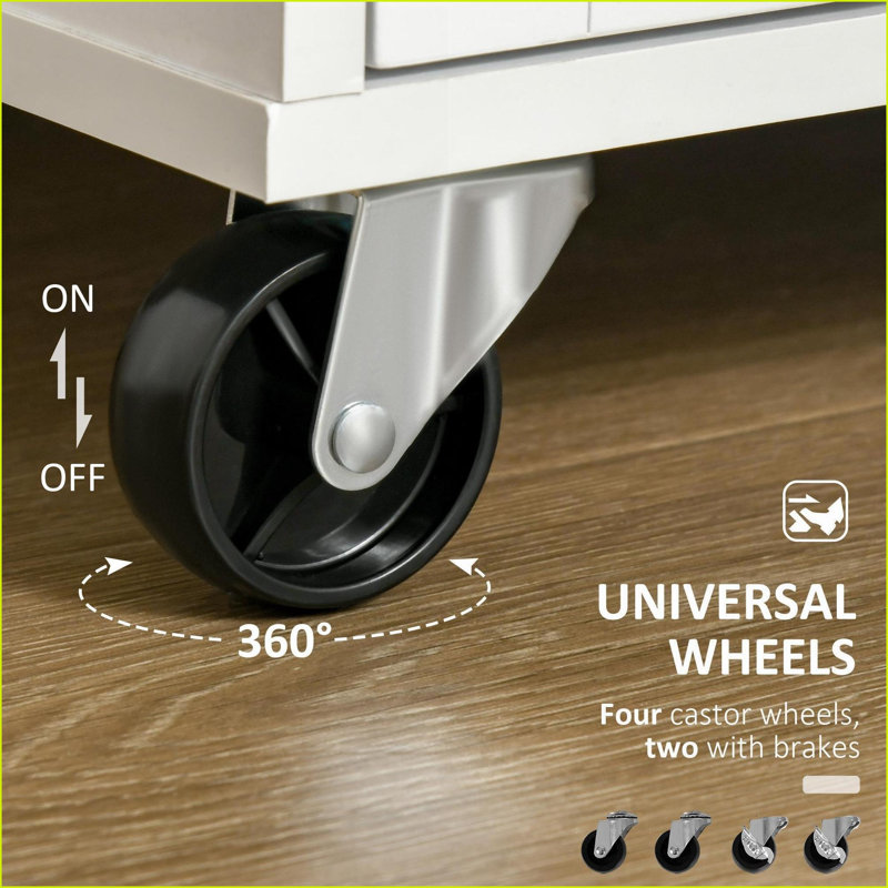 Kitchen Island on Wheels, 41” Modern White Rolling Cart with Rubberwood Top &amp; Storage | White | Rubber Wood, White