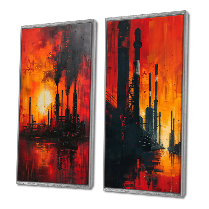 «Red Orange Industrial Industrial Landscape I - Factories», ensemble d'art mural 2 pièces, H 28 po x l 24 po, Argent argent