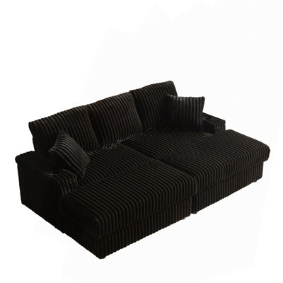 84" Modern Deep Seat 3-Seater Corduroy Sofa with 2 Storage Footstools, Cup Holders, and 5 Pillows
