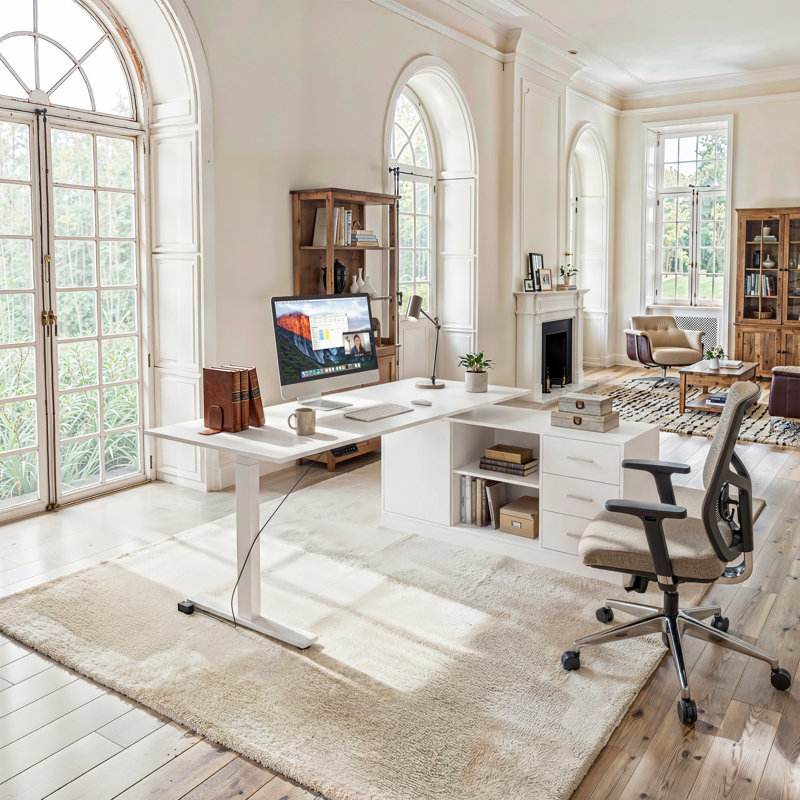 Cyril Adjustable L-Shaped Metal Base Standing Desk, White/White