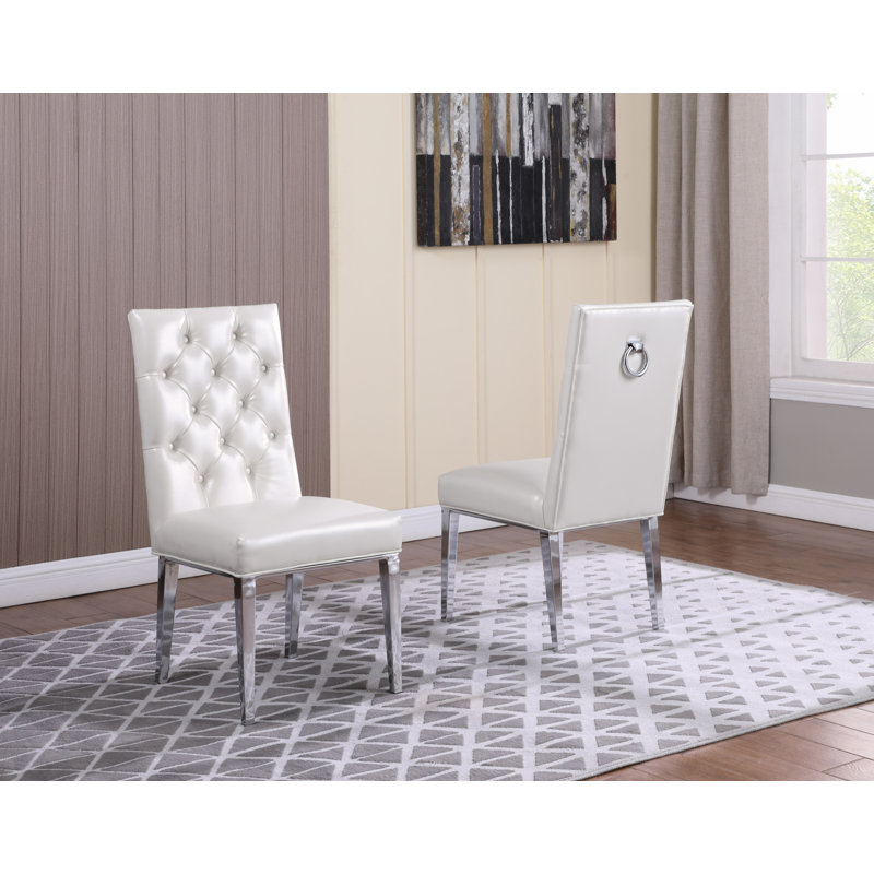 Carnahan Button Tufted Parsons Chair, Silver, White