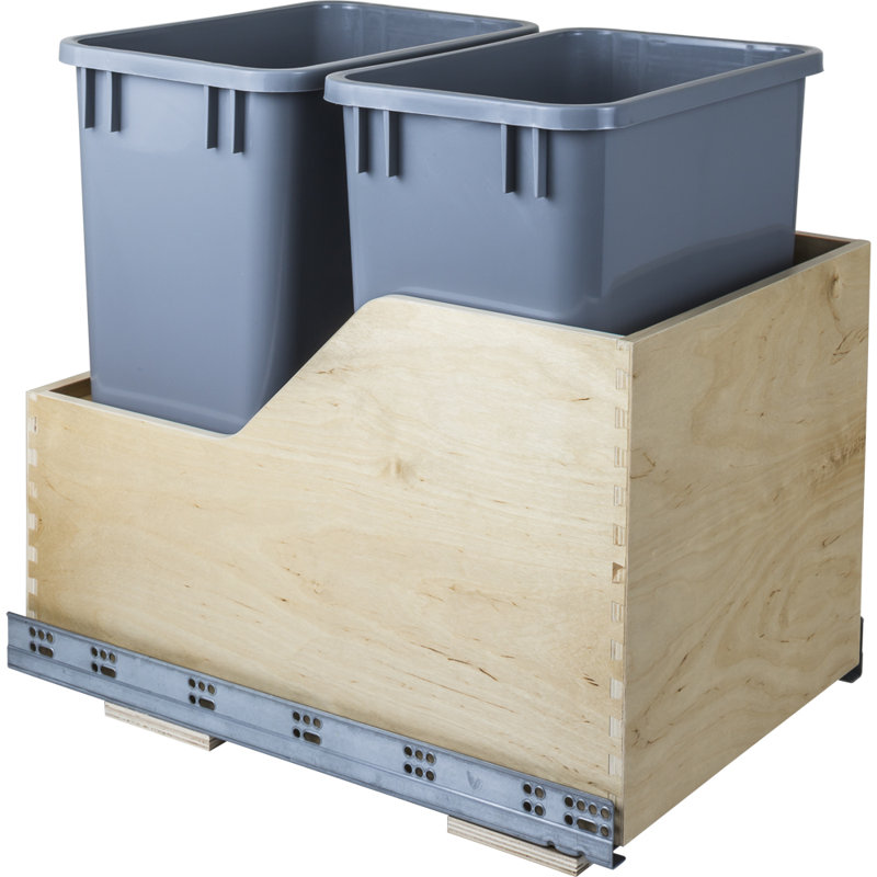 Preassembled 35 Quart Double Pullout Waste Container System, Gray, 8.75, 19.5" H x 15" W x 21.375" D