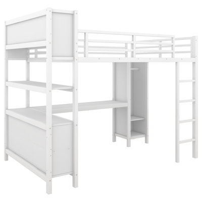 Full Size Metal Loft Bed Frame With Built-In Wardrobe And L-Shaped Desk, Modern Heavy Duty Loft Bed With Storage Cubes And Shelves For Kids Teens Adults,