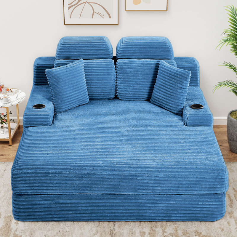 63.8" Oversized Compression Corduroy Chaise Lounge, Deep Seat Sleeper Sofa with Headrest, Cup Holder & Side Pocket, No Assembly Required