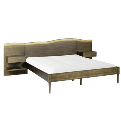 Dark Brown Platform Bed Frame With Live-Edge Headboard And Nightstands, Queen Appealing Built-In Nightstands