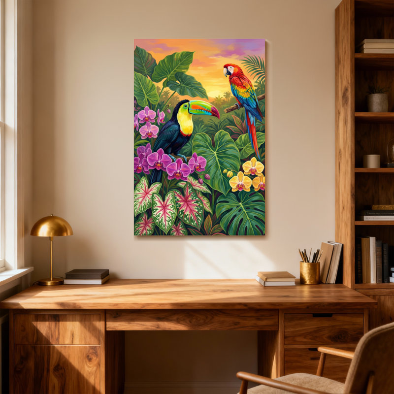 Animaux, oiseaux tropicaux, fleurs, feuilles de la jungle, coucher de soleil, ciel, H 12 po x l 18 po