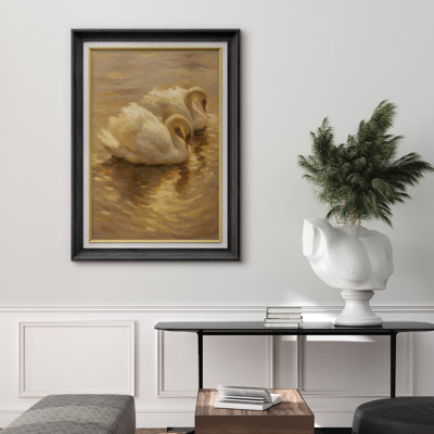 Premium Framed Artwork - Vintage Swans Print for Living Room Decor - 26"x36"