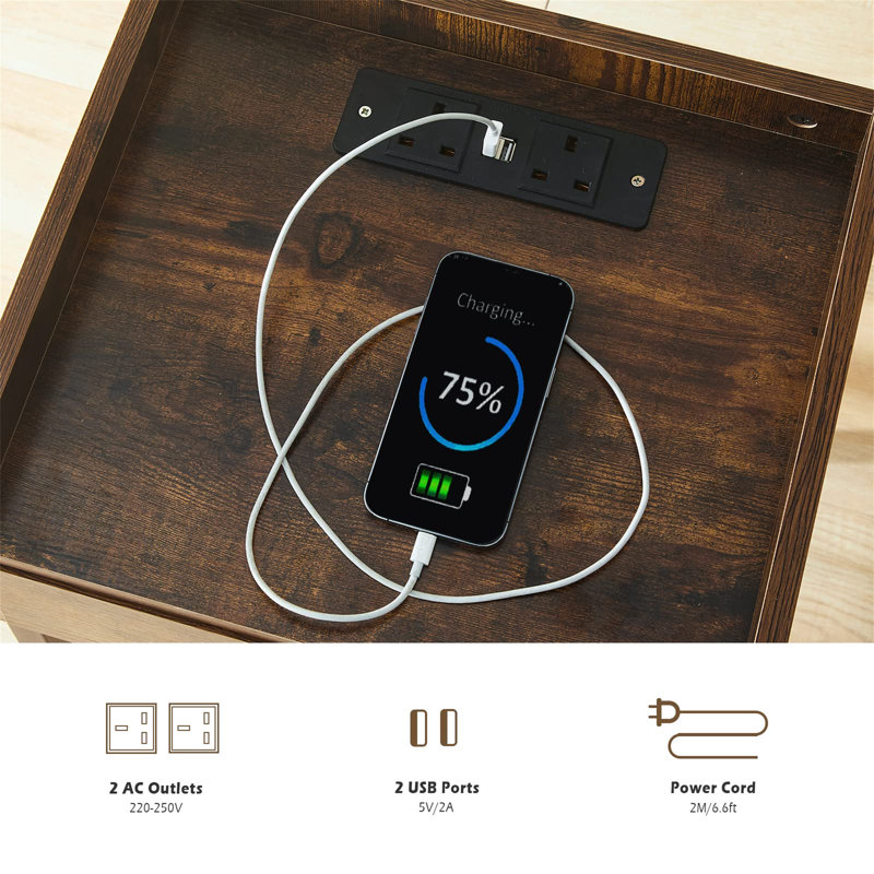 Bedside Table With Charging Station, Storage Shelf, 1 Drawer And Metal Frame