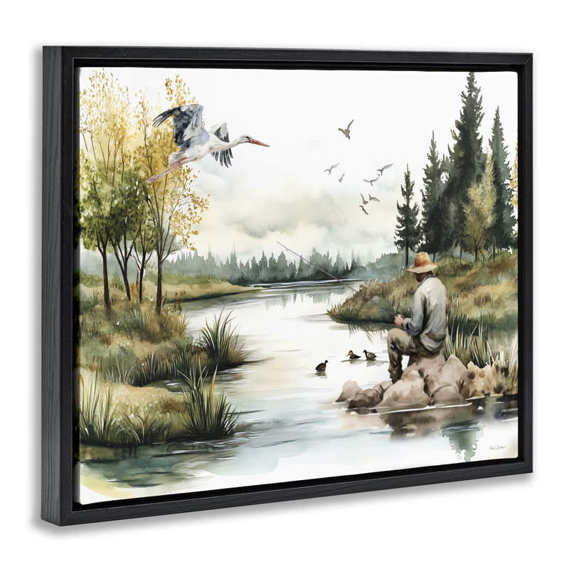 Fishing by River Landscape Floating Frame, design by Nicole DeCamp, Jet Black Floater Frame, 17" H x 21" W