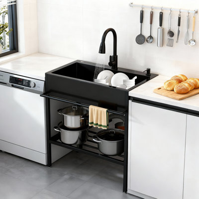 Évier utilitaire en acier inoxydable, évier de cuisine à simple cuve avec robinet d'eau froide et chaude, étagère de rangement, boyaux et ensemble de drain, armoire d'évier autoportante pour le garage de la cuisine