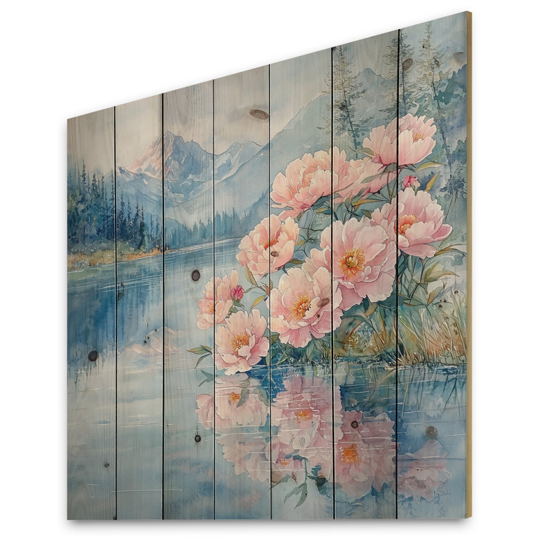 Pivoines près du ruisseau I - reproduction de bois de pivoines - sur bois de pin naturel, H 36 po x l 36 po x P 0,78 po