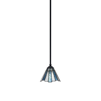 Zilo Stem Hung Mini Pendant Shown In Matte Black Finish With 7" Sea Ice Art Glass
