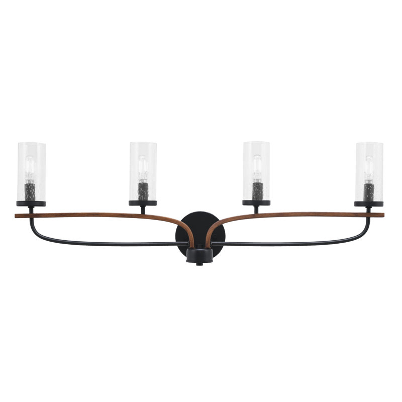 Monterey 4 Light Bath Bar Shown In Matte Black & Painted Wood-look Metal Finish With 2.5" Clear Bubble Glass