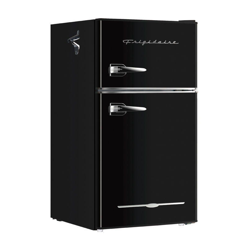 Compact Black Retro Freestanding Refrigerator-Freezer with Side Bottle Opener