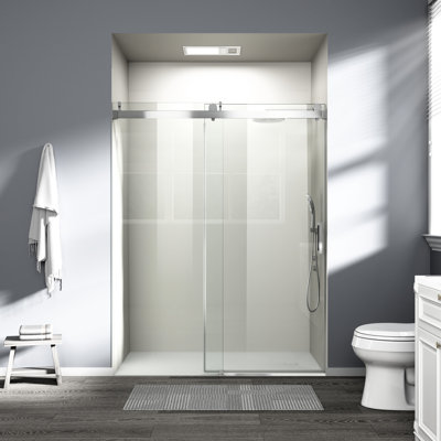 56" - 60" W Single Sliding Shower Door, 1/4" 6Mm Tempered Glass With Film, Soft Closing Buffer, Reinforced Aluminum Frame, Left Or Right Installation Proof Glass, Close Buffer System, Coated Frame