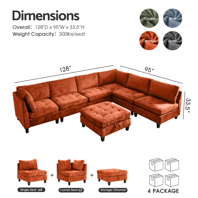 Canapé-lit modulaire avec repose-pieds Chenille, Chenille orange, H 33,5 po x l 223 po x P 32,3 po