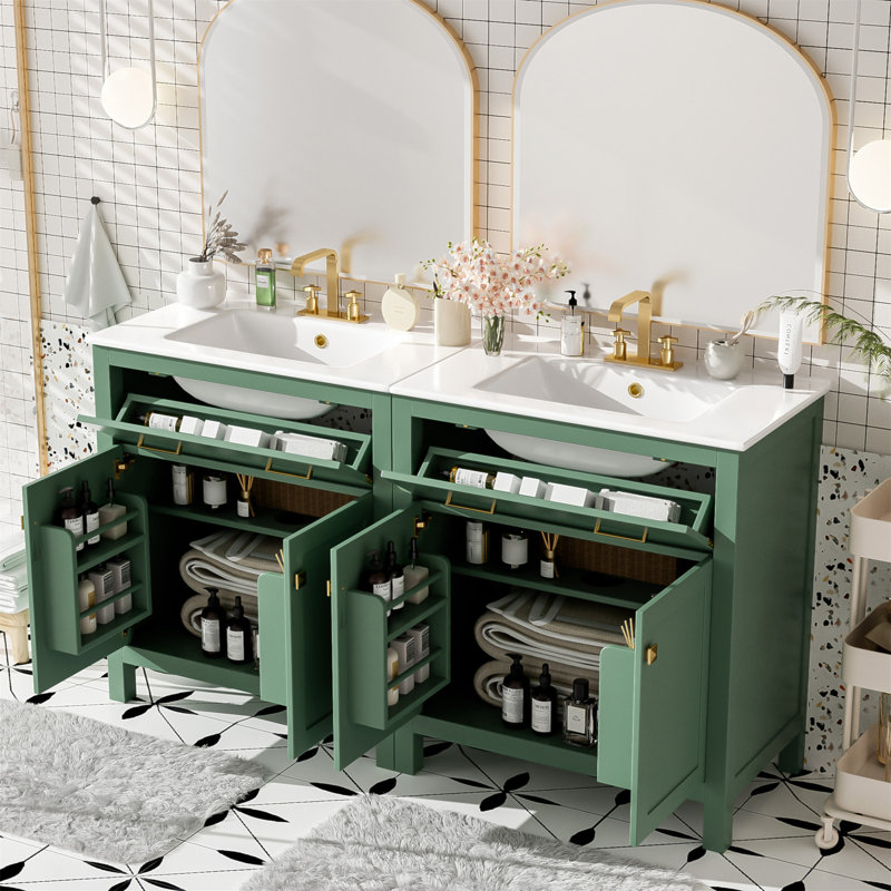 Modern Bathroom Vanity Set With Double Vanities, Ceramic Sinks, Adjustable Shelf, Soft Close Doors, And Flip Drawer, Green
