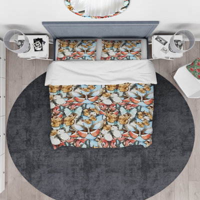 White, Red and Blue and Brown Butterfly Pattern - Traditional Duvet Cover Set - Microfiber Polyester