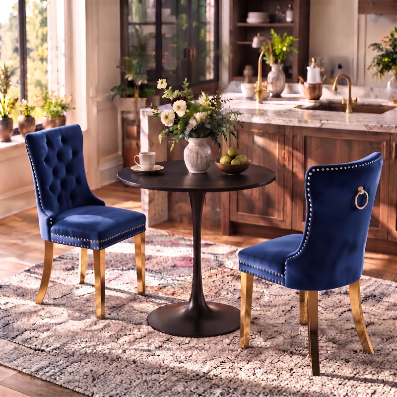 Ensemble de salle à manger rond 3 pièces avec 2 chaises rembourrées, Black, Navy Blue/Gold