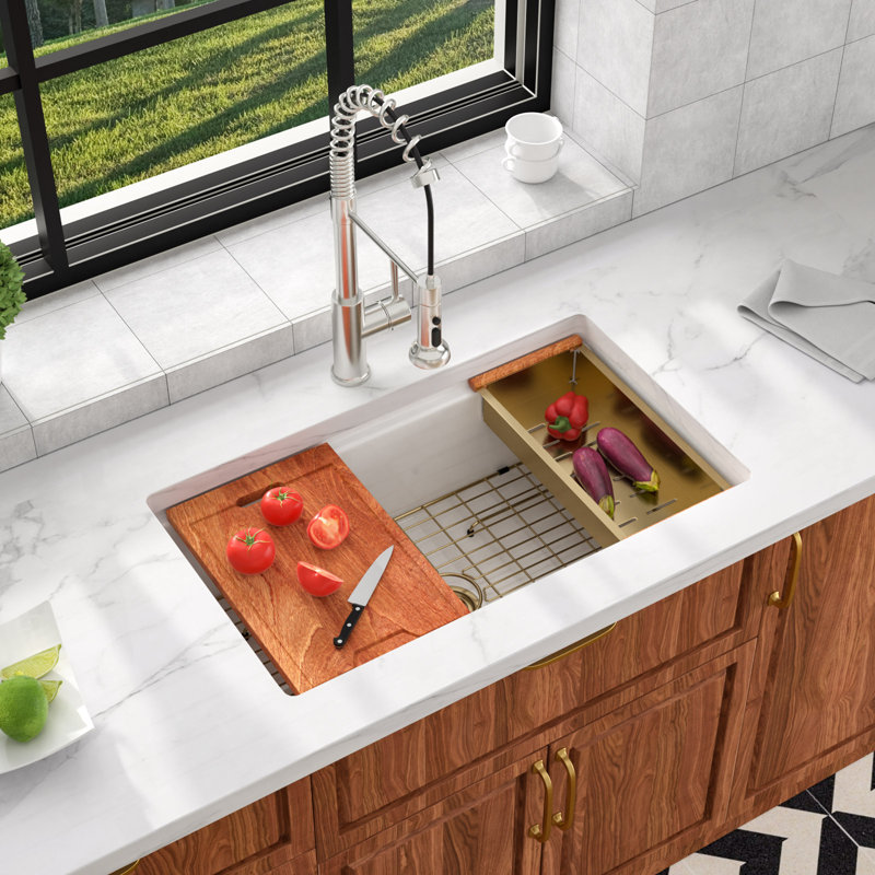 33" L x 19" W Undermount White Ceramic Workstation Kitchen Sink Drop in & Undermount White Fireclay Kitchen Sink Single Bowl Sink