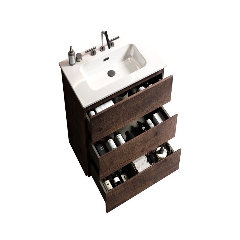 24" Bathroom Vanity In Walnut - Stylish With Massive Storage And Silent Performance Modern Feature Abundant, Walnut, 24"