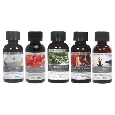Ensemble de 5 huiles chauffantes parfumées Hosley 55 millilitre-gardénia, menthe romarin, brume hawaïenne, détente, grenade épicée. Idéal pour le spa