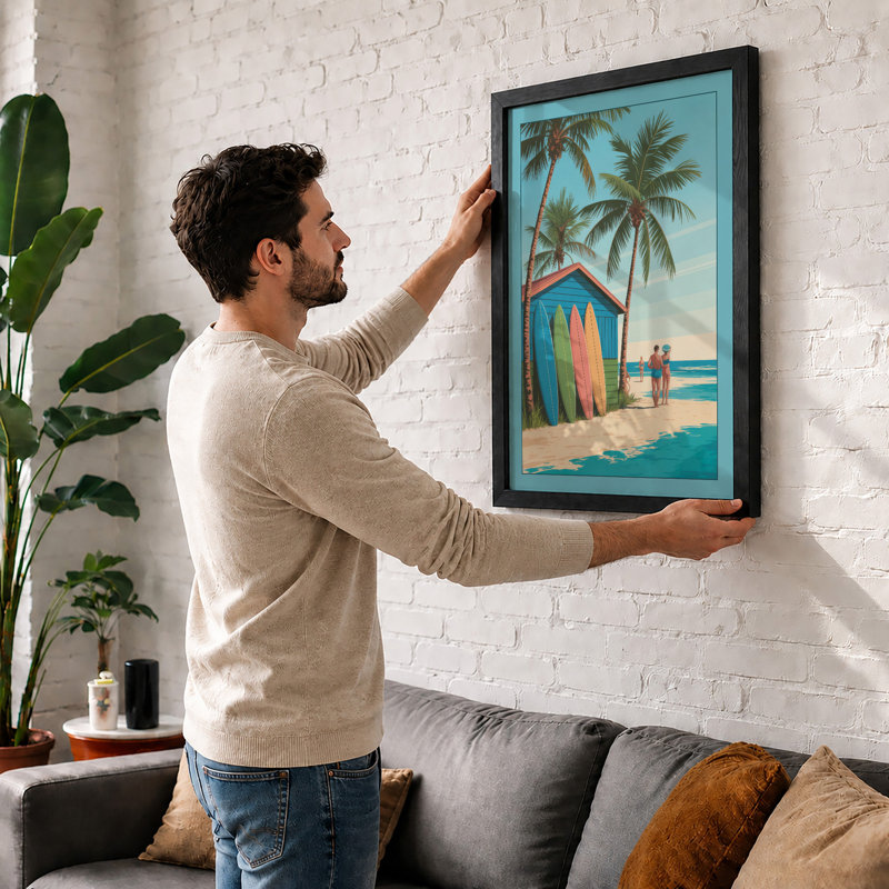 Turquoise Beach Hut Coastal - Framed Print, A1 - 84.1 x 59.4 cm, Oak
