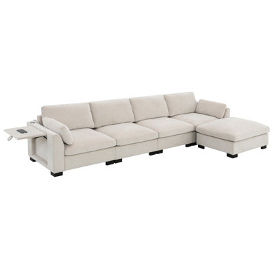 130" Modular Sectional Sofa, L Shape Chenille Couch With USB Ports, Folding Table, Ottoman, Storage, 5-Seat For Living Room,Beige