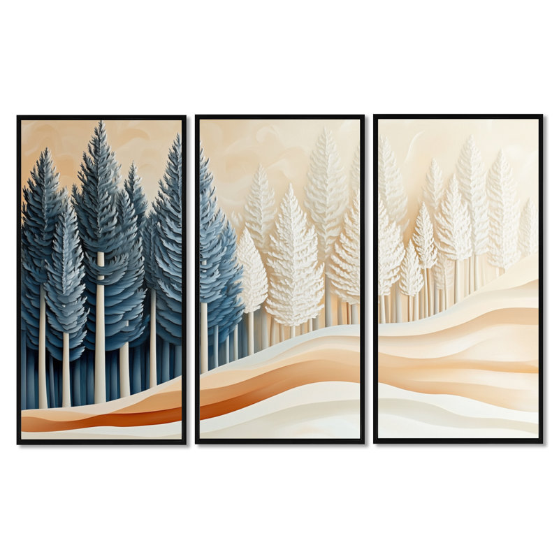 «Quiet Nordic Woodland - Forest Landscape», ensemble de 3 toiles encadrées, H 32 po x l 48 po, Cadre flottant noir