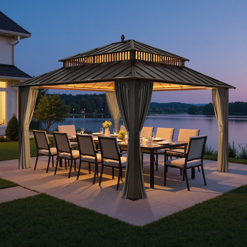 SUNJOY Kingston 14x12 Gazebo, Steel Hardtop Gazebo with Curtain and Netting - Aluminum Posts, Gray, Gray