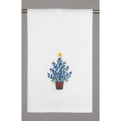 Blue Bonnet Christmas Tree Embroidered Cotton Tea Towel