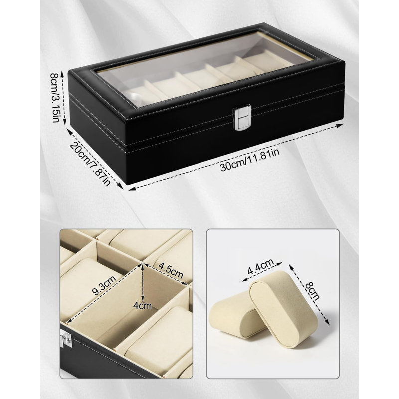 Leather Watch Box +, Black/Beige, 8cm x 30cm x 20cm