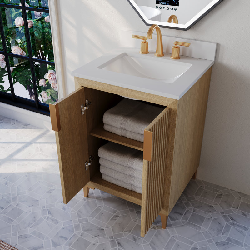 Turlington 24 po Ensemble de meuble-lavabo de salle de bain avec comptoir en quartz blanc et lavabo encastré blanc, Chêne