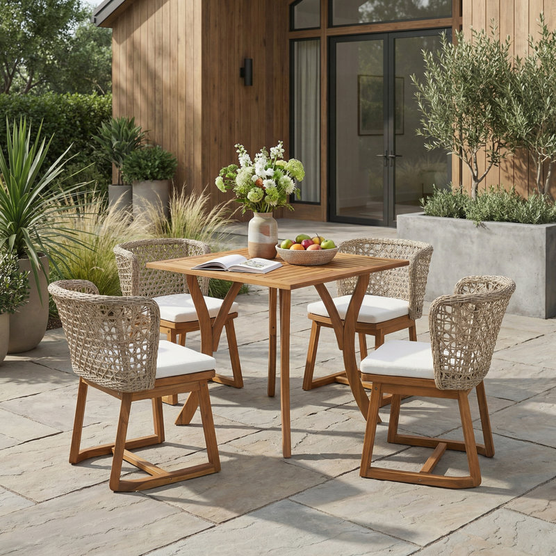 Ensemble repas 5 pièces avec table en bois d'acacia et chaises en osier, résistant aux intempéries pour le jardin et le patio