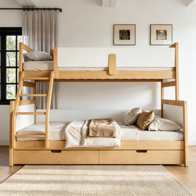 Lit simple superposé simple au-dessus d'un grand lit avec tiroirs de rangement, lit superposé en bois massif avec lattes de soutien et conception convertible, blanc et naturel