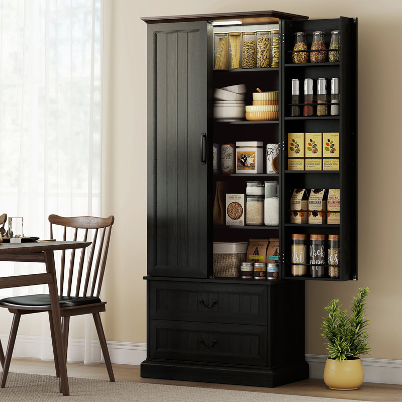 Armoire de cuisine 72 "avec lumière DEL et tablettes de porte, noir, Noir