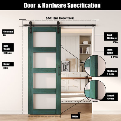 Homacer Royal Pine 30in x 80in 4-Lite Glass Design Unassembled & Finished Barn Door with Hardware Kit, interior use only