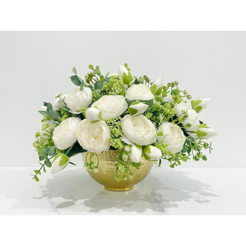 French Country White Peony Stems With Baby Green Spray - Faux Peonies For Home Décor