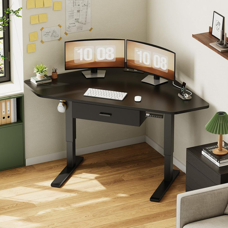 Corner Electric Standing Desk Height Adjustable Computer Desk with Drawer, Black